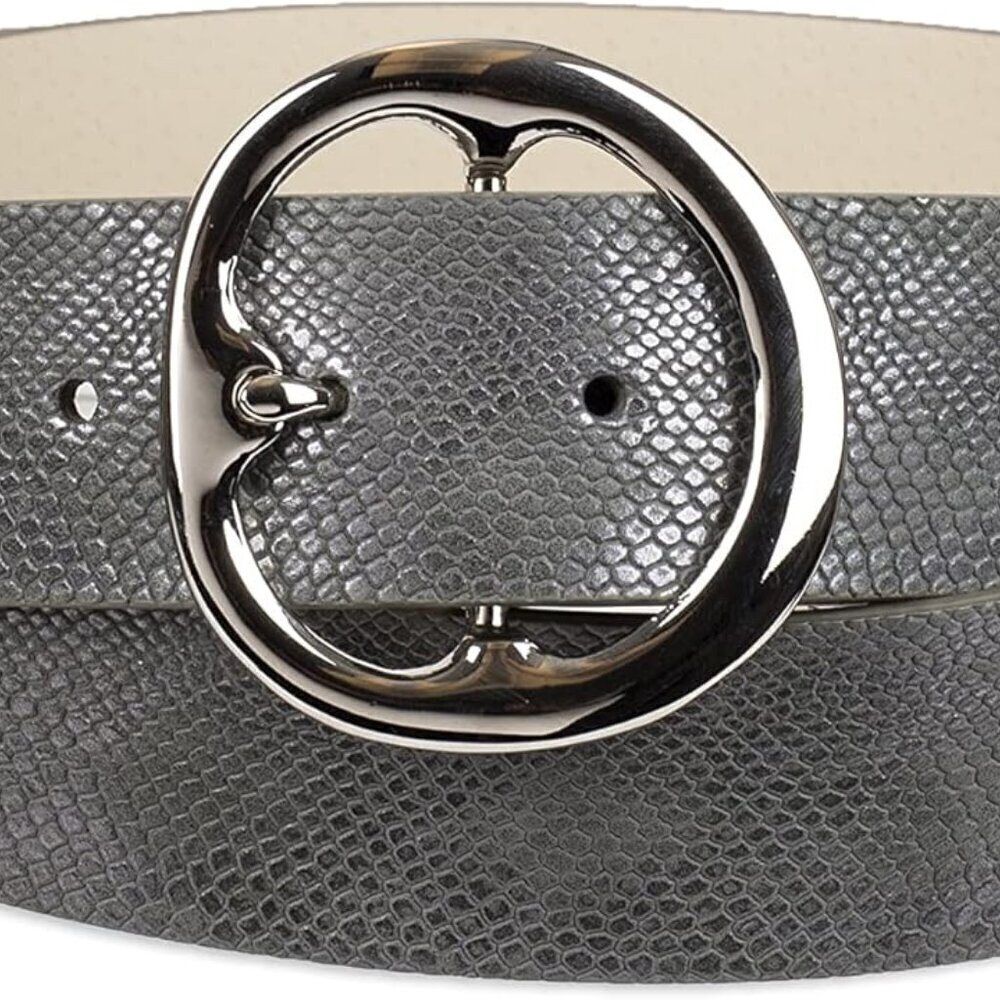 Women's Grey Textured Leather Belt Small Stylish Silver Buckle Casual Fashion